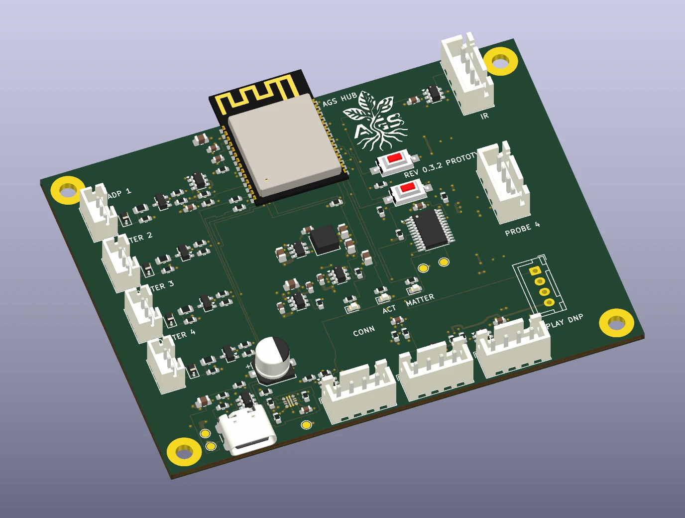 Current prototype board · engineering render, not a product photograph
